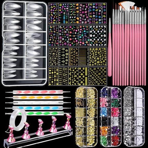 FANDAMEI Nail Art Brushes Kit - Complete Set with Dotting Tools, Rhinestones, Pearls, Charms, Gems, Stickers, and Nail Stand for Press-On Nails - görsel 2