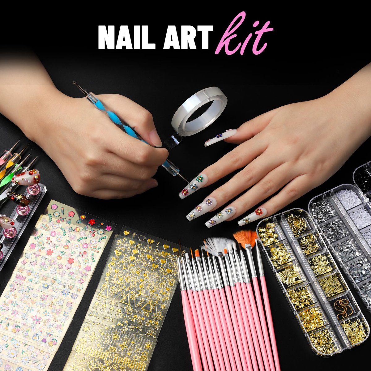 FANDAMEI Nail Art Brushes Kit - Complete Set with Dotting Tools, Rhinestones, Pearls, Charms, Gems, Stickers, and Nail Stand for Press-On Nails - görsel 11