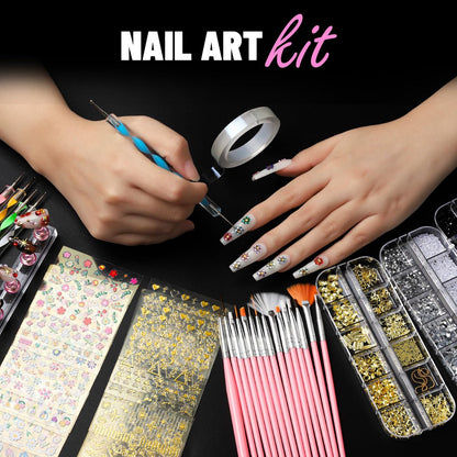 FANDAMEI Nail Art Brushes Kit - Complete Set with Dotting Tools, Rhinestones, Pearls, Charms, Gems, Stickers, and Nail Stand for Press-On Nails