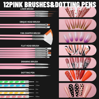 FANDAMEI Nail Art Brushes Kit - Complete Set with Dotting Tools, Rhinestones, Pearls, Charms, Gems, Stickers, and Nail Stand for Press-On Nails