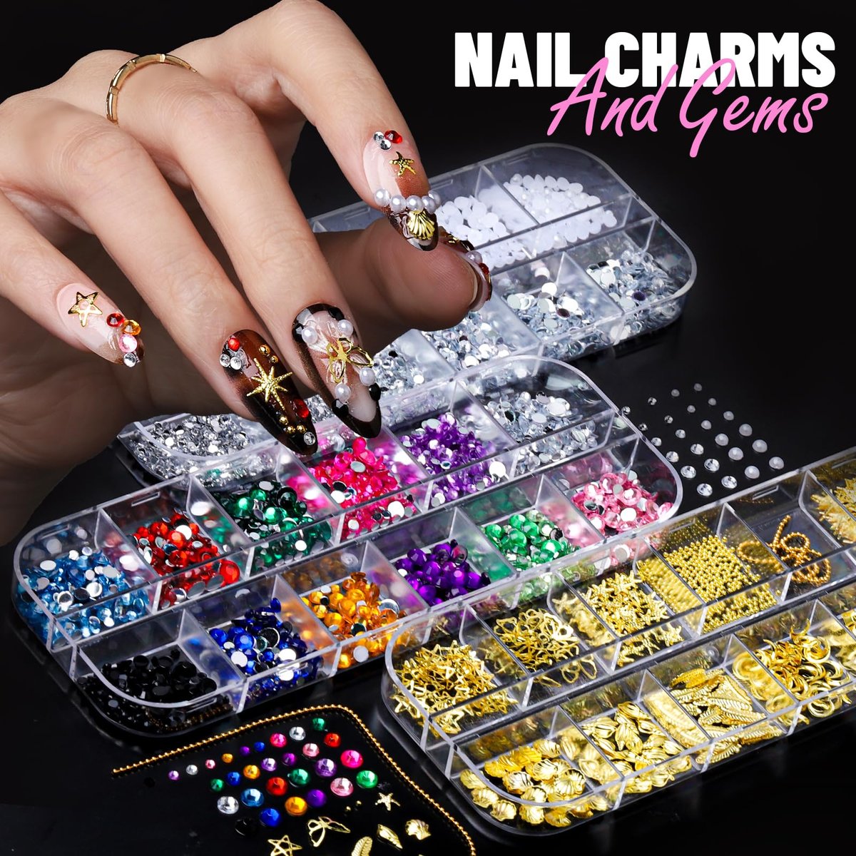 FANDAMEI Nail Art Brushes Kit - Complete Set with Dotting Tools, Rhinestones, Pearls, Charms, Gems, Stickers, and Nail Stand for Press-On Nails - görsel 5
