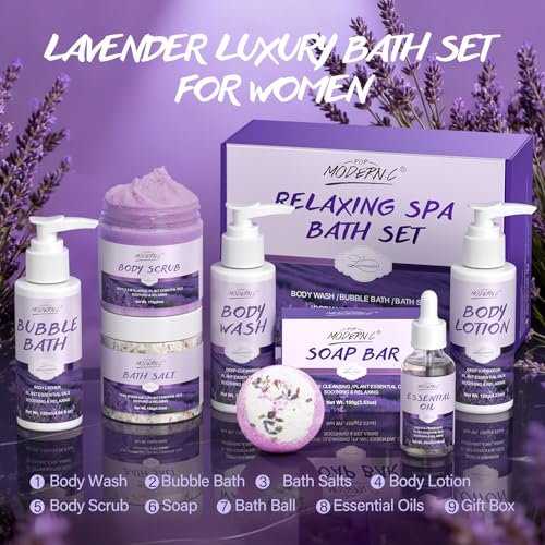 Lavender Relaxing Bath Gift Set for Women – 8-Piece Spa Gift Basket with Shea Butter & Essential Oil Avelisse