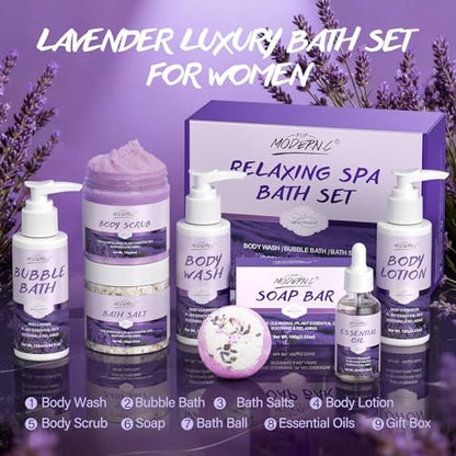Lavender Relaxing Bath Gift Set for Women – 8-Piece Spa Gift Basket with Shea Butter & Essential Oil Avelisse