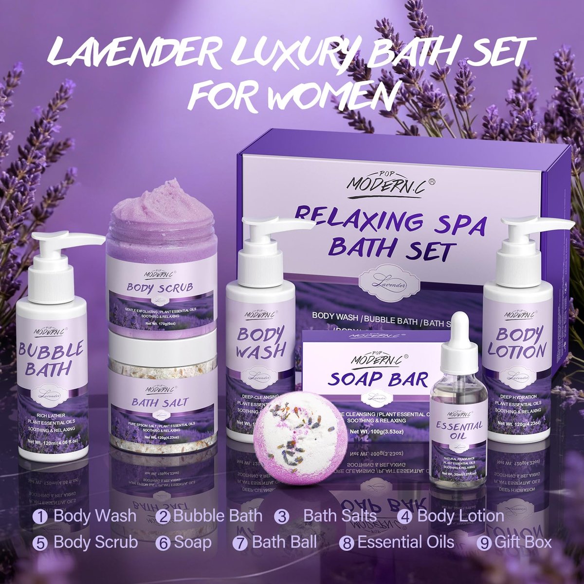 Lavender Relaxing Bath Gift Set for Women – 8-Piece Spa Gift Basket with Shea Butter & Essential Oil Avelisse