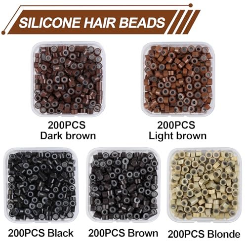 1000PCS Silicone Hair Extensions Beads - 5mm Lined Micro Links Beads in 5 Colors, Professional Hair Styling Tool Kit for Extensions - görsel 5