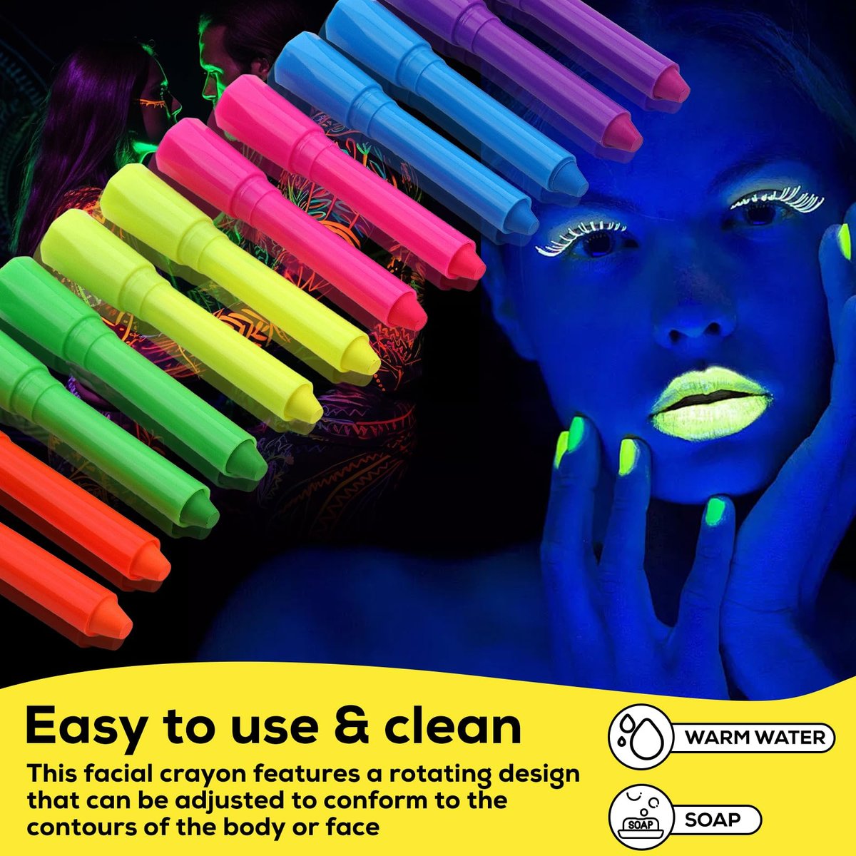 12 PCS Glow Face & Body Paint Set - Neon Blacklight Makeup for Halloween, Birthday Parties & Festivals - görsel 13