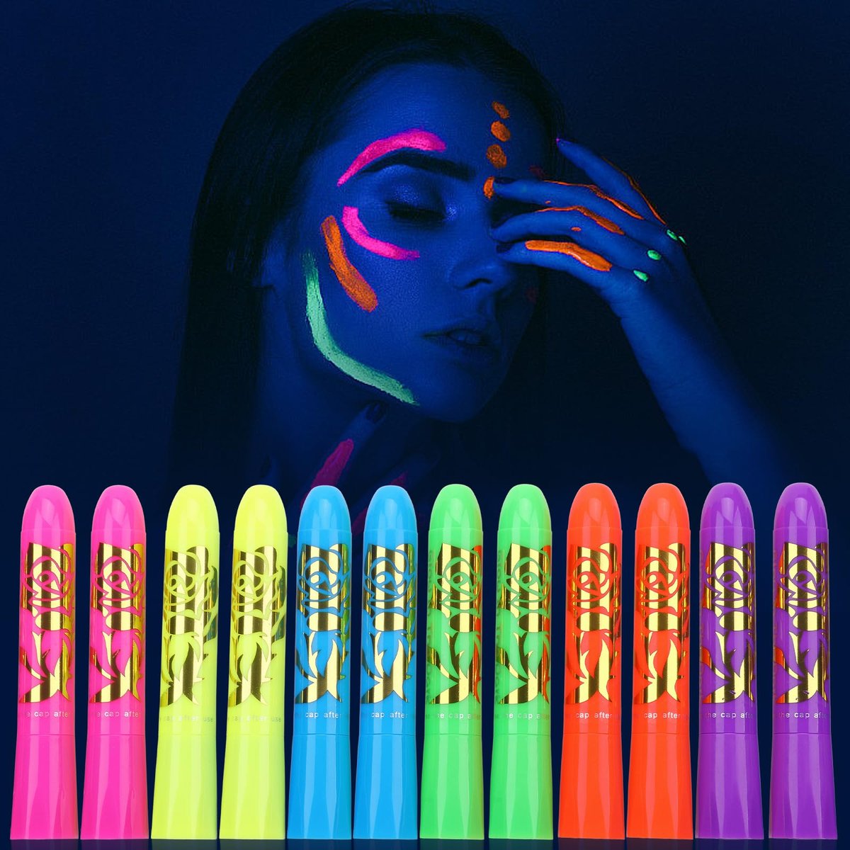 12 PCS Glow Face & Body Paint Set - Neon Blacklight Makeup for Halloween, Birthday Parties & Festivals - görsel 1