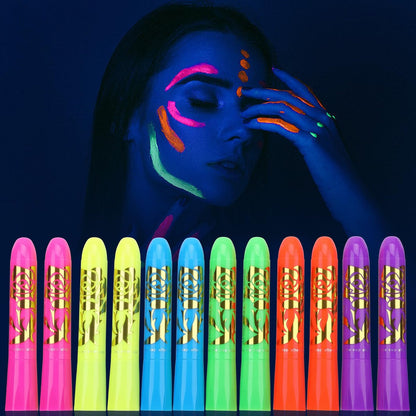 12 PCS Glow Face & Body Paint Set - Neon Blacklight Makeup for Halloween, Birthday Parties & Festivals