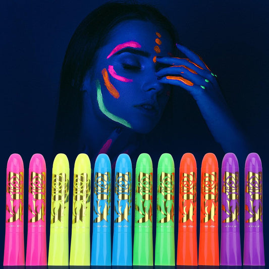 12 PCS Glow Face & Body Paint Set - Neon Blacklight Makeup for Halloween, Birthday Parties & Festivals