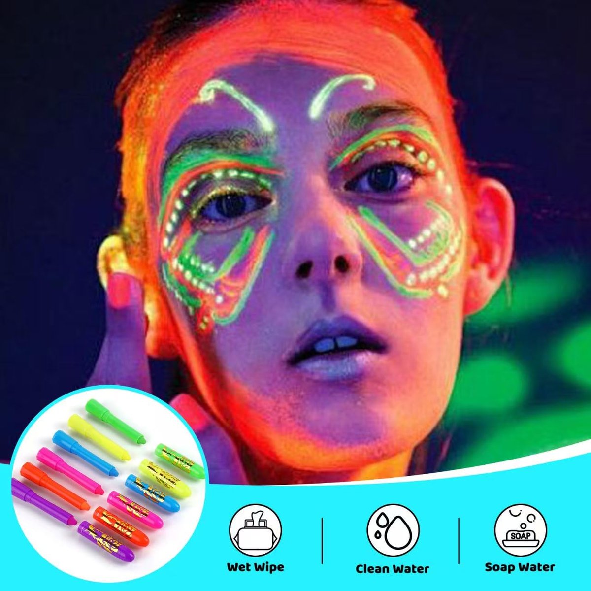 12 PCS Glow Face & Body Paint Set - Neon Blacklight Makeup for Halloween, Birthday Parties & Festivals - görsel 9