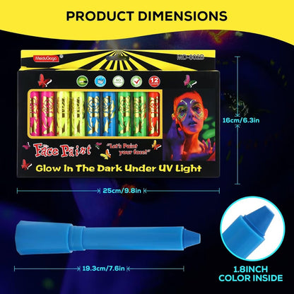 12 PCS Glow Face & Body Paint Set - Neon Blacklight Makeup for Halloween, Birthday Parties & Festivals
