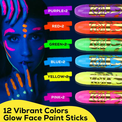 12 PCS Glow Face & Body Paint Set - Neon Blacklight Makeup for Halloween, Birthday Parties & Festivals