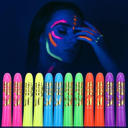 12 PCS Glow Face & Body Paint Set - Neon Blacklight Makeup for Halloween, Birthday Parties & Festivals