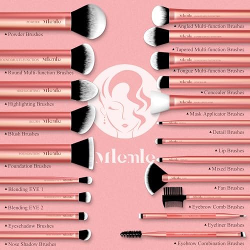 Mlemle Professional 26-Piece Makeup Brushes Set - Rose Gold, Includes 21 Brushes, 2 Powder Puffs, 3 Makeup Sponges - görsel 6
