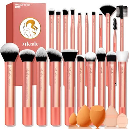 Mlemle Professional 26-Piece Makeup Brushes Set - Rose Gold, Includes 21 Brushes, 2 Powder Puffs, 3 Makeup Sponges
