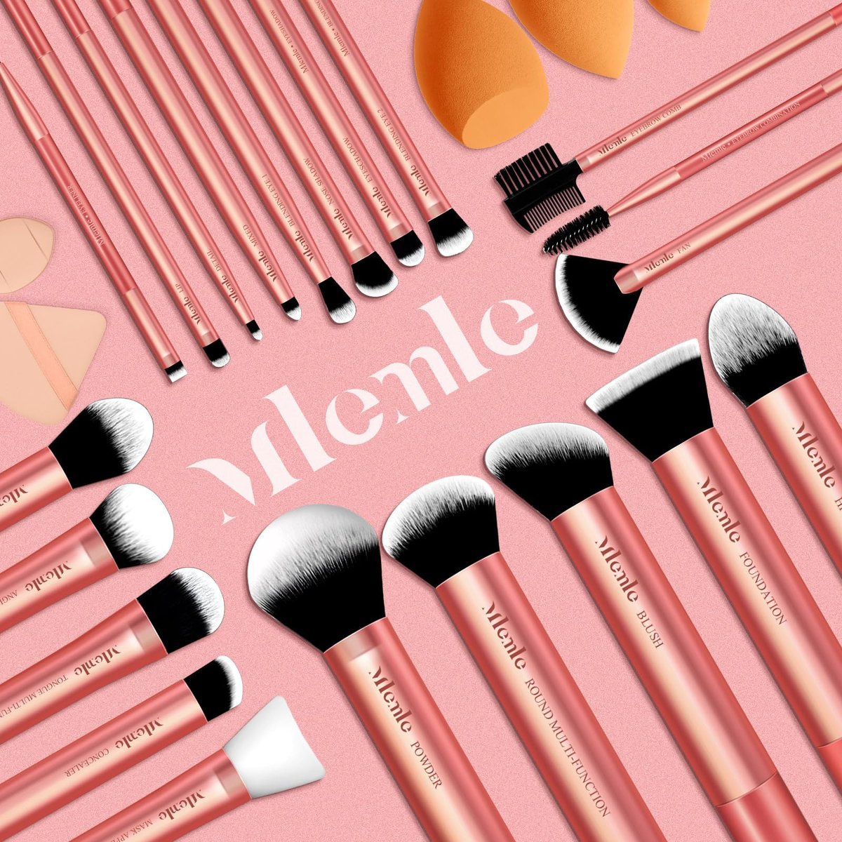 Mlemle Professional 26-Piece Makeup Brushes Set - Rose Gold, Includes 21 Brushes, 2 Powder Puffs, 3 Makeup Sponges - görsel 13