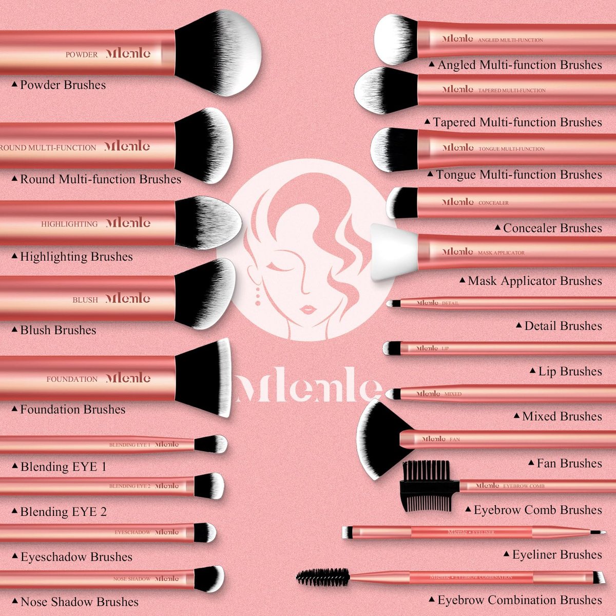 Mlemle Professional 26-Piece Makeup Brushes Set - Rose Gold, Includes 21 Brushes, 2 Powder Puffs, 3 Makeup Sponges - görsel 5