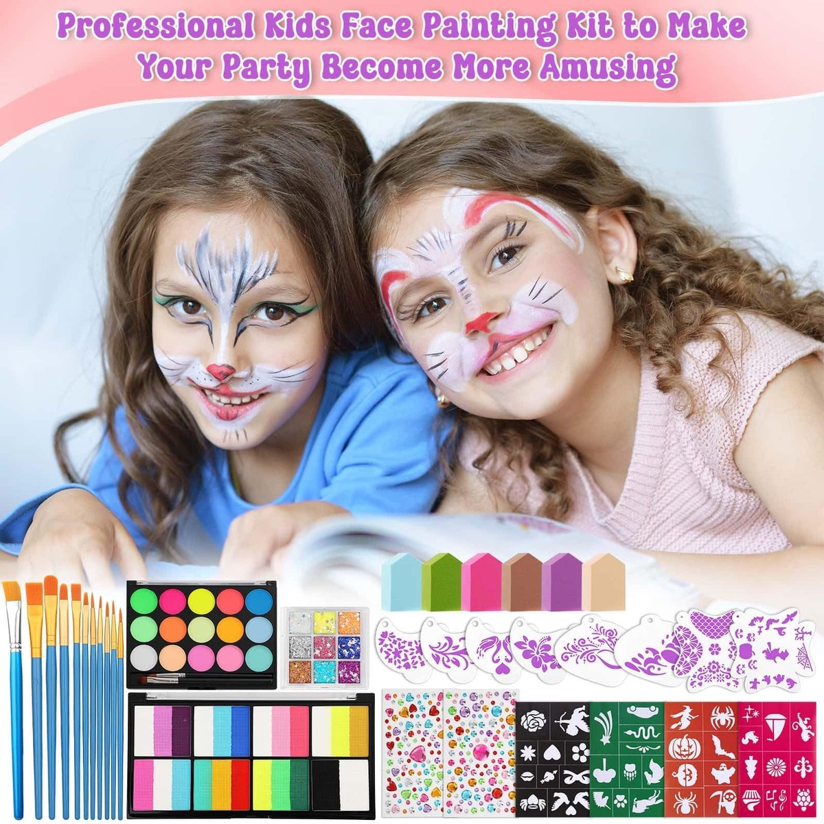 Face Painting Kit with Organizer Box - Rainbow Color Non Toxic & Washable Face Paint Set with Stencils, Brush & Gems Party Makeup for Halloween, Carnival & Costume Avelisse
