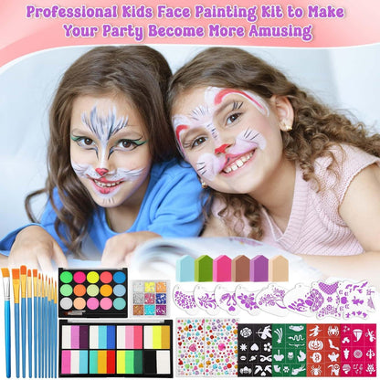 Face Painting Kit with Organizer Box - Rainbow Color Non Toxic & Washable Face Paint Set with Stencils, Brush & Gems Party Makeup for Halloween, Carnival & Costume Avelisse