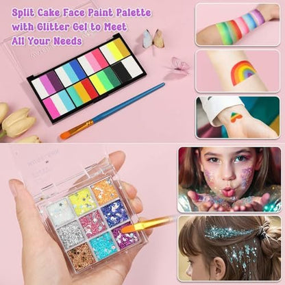 Face Painting Kit with Organizer Box - Rainbow Color Non Toxic & Washable Face Paint Set with Stencils, Brush & Gems Party Makeup for Halloween, Carnival & Costume Avelisse