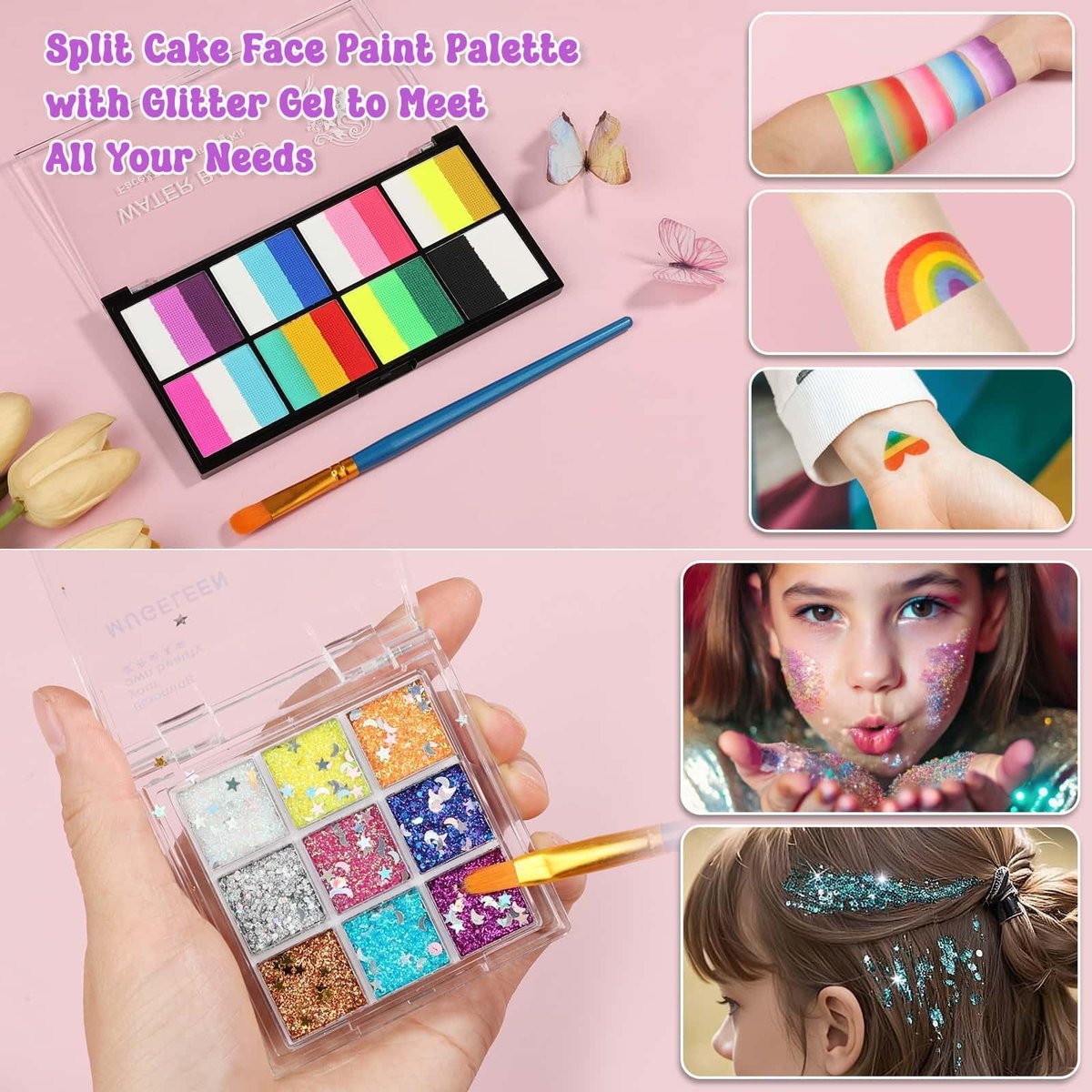 Face Painting Kit with Organizer Box - Rainbow Color Non Toxic & Washable Face Paint Set with Stencils, Brush & Gems Party Makeup for Halloween, Carnival & Costume Avelisse