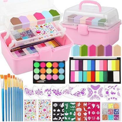 Face Painting Kit with Organizer Box - Rainbow Color Non Toxic & Washable Face Paint Set with Stencils, Brush & Gems Party Makeup for Halloween, Carnival & Costume Avelisse