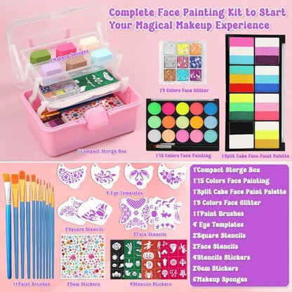 Face Painting Kit with Organizer Box - Rainbow Color Non Toxic & Washable Face Paint Set with Stencils, Brush & Gems Party Makeup for Halloween, Carnival & Costume Avelisse