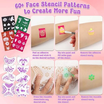 Face Painting Kit with Organizer Box - Rainbow Color Non Toxic & Washable Face Paint Set with Stencils, Brush & Gems Party Makeup for Halloween, Carnival & Costume Avelisse