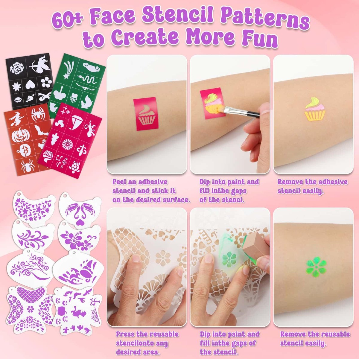 Face Painting Kit with Organizer Box - Rainbow Color Non Toxic & Washable Face Paint Set with Stencils, Brush & Gems Party Makeup for Halloween, Carnival & Costume Avelisse