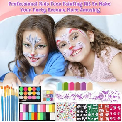 Face Painting Kit with Organizer Box - Rainbow Color Non Toxic & Washable Face Paint Set with Stencils, Brush & Gems Party Makeup for Halloween, Carnival & Costume Avelisse