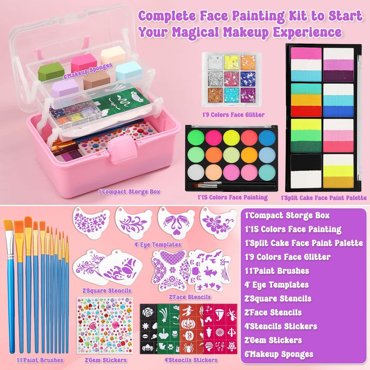 Face Painting Kit with Organizer Box - Rainbow Color Non Toxic & Washable Face Paint Set with Stencils, Brush & Gems Party Makeup for Halloween, Carnival & Costume Avelisse