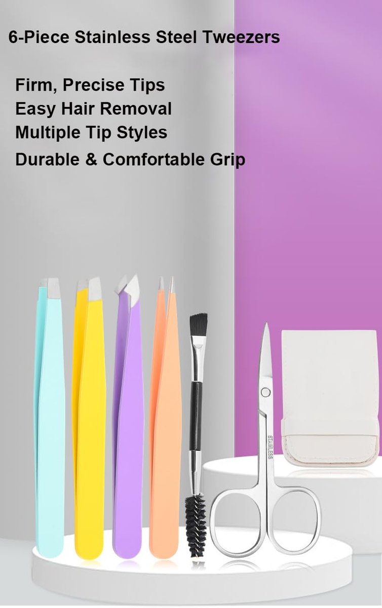6-Piece Premium Tweezers Set for Women – Eyebrow & Ingrown Hair Tools with Curved Scissors and Leather Travel Case - görsel 3