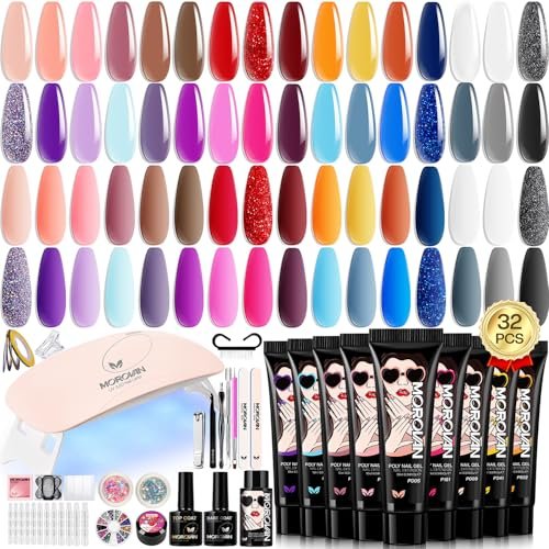 32 Colors Poly Gel Nail Kit for Beginners with UV Light - DIY Gel Extension Set for Home Nail Art, Gift for Women & Girls Avelisse