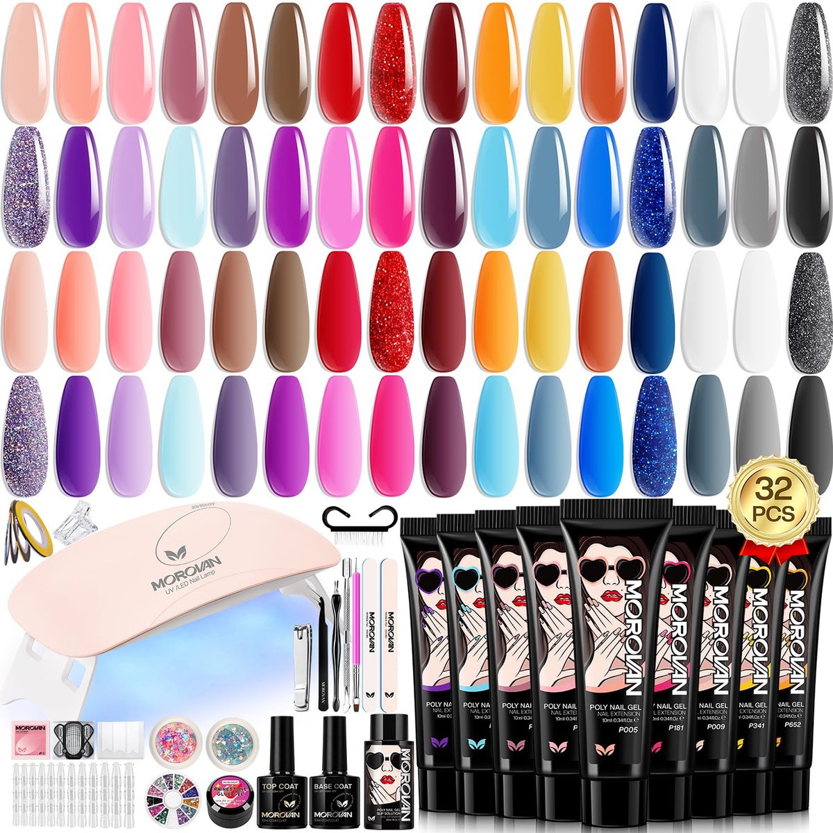 32 Colors Poly Gel Nail Kit for Beginners with UV Light - DIY Gel Extension Set for Home Nail Art, Gift for Women & Girls Avelisse