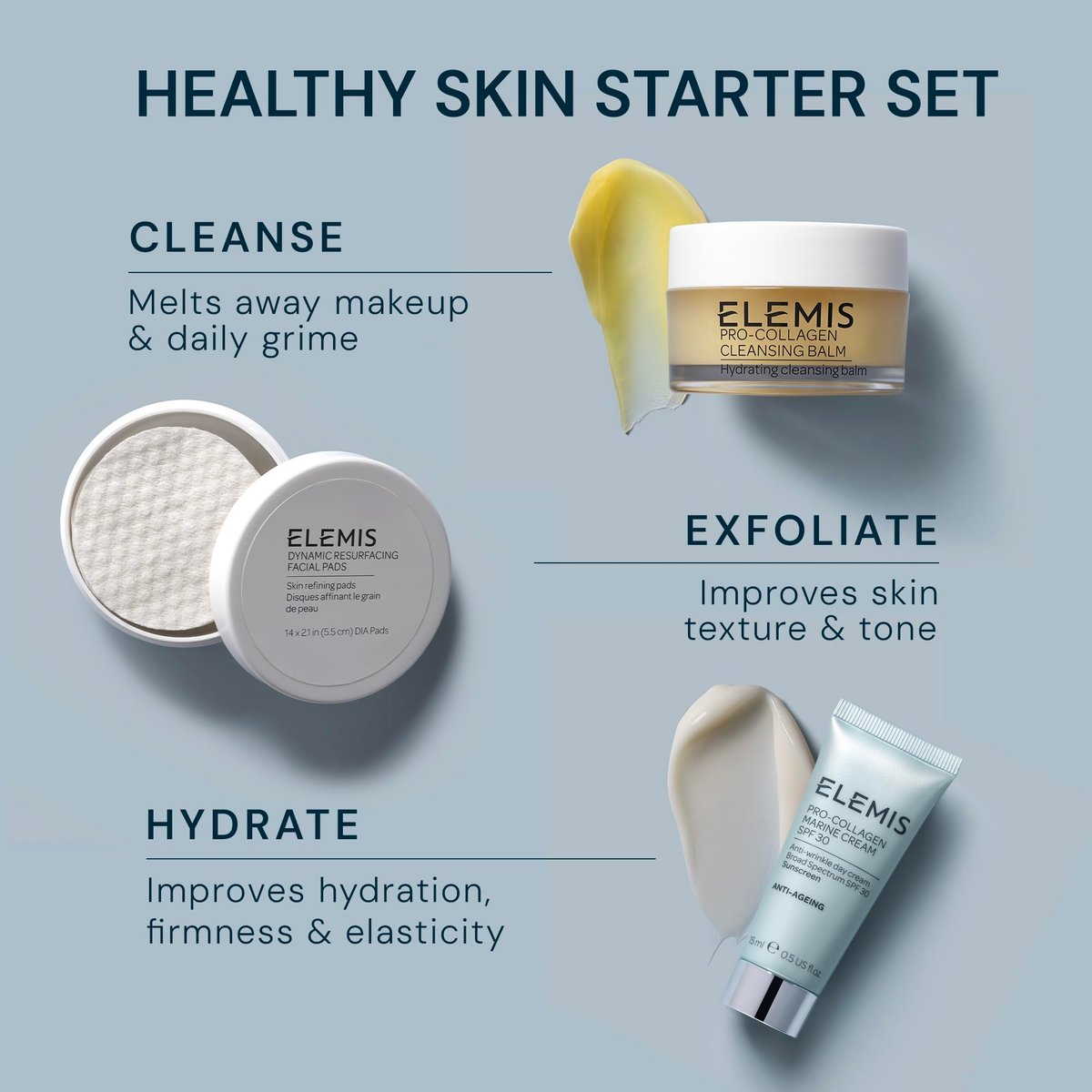 ELEMIS Healthy Skin Exclusive Travel Set - Pro-Collagen Cleansing Balm, Marine Cream SPF 30 & Dynamic Resurfacing Pads - Anti-Aging Hydrating Skincare Travel Kit Avelisse