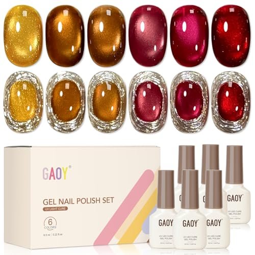 GAOY Glitter Cat Eye Gel Nail Polish Set with Magnet - 6 Colors Gold Red Brown Glitter Holographic, Long Lasting for Home & Salon Manicure (Amber Glow, 0.22 Fl Oz Each) Avelisse