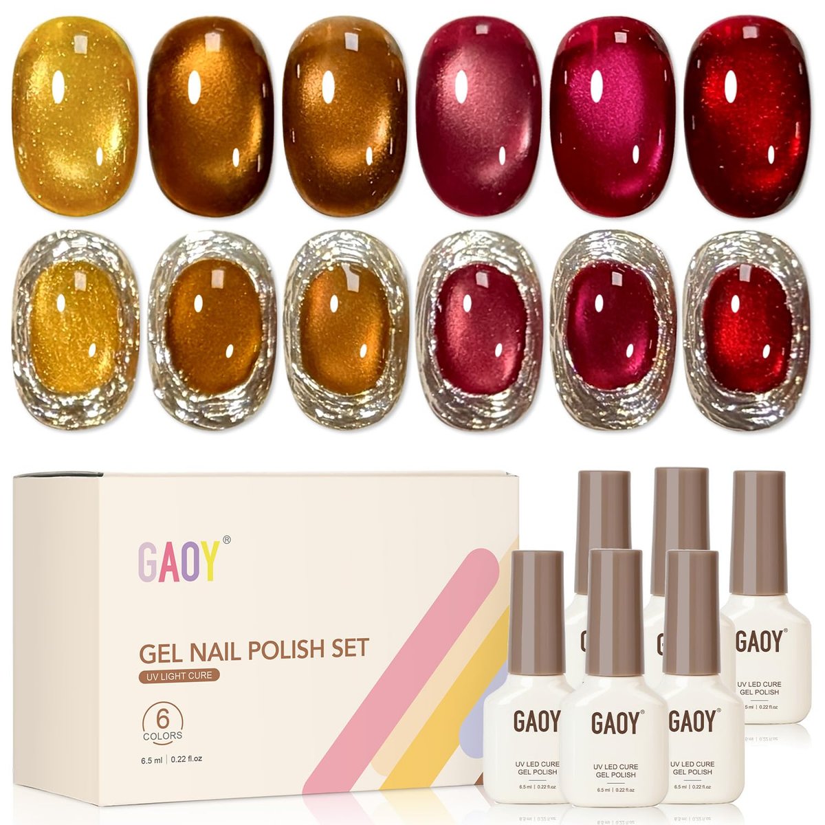 GAOY Glitter Cat Eye Gel Nail Polish Set with Magnet - 6 Colors Gold Red Brown Glitter Holographic, Long Lasting for Home & Salon Manicure (Amber Glow, 0.22 Fl Oz Each) Avelisse