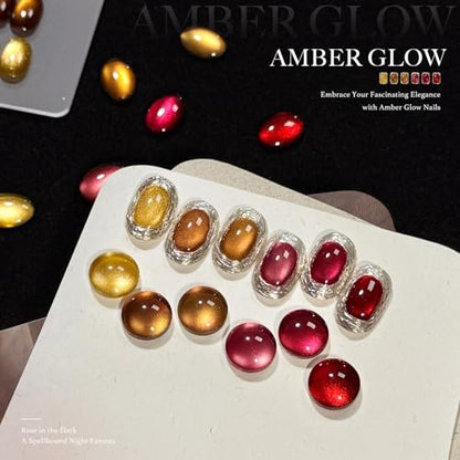 GAOY Glitter Cat Eye Gel Nail Polish Set with Magnet - 6 Colors Gold Red Brown Glitter Holographic, Long Lasting for Home & Salon Manicure (Amber Glow, 0.22 Fl Oz Each) Avelisse