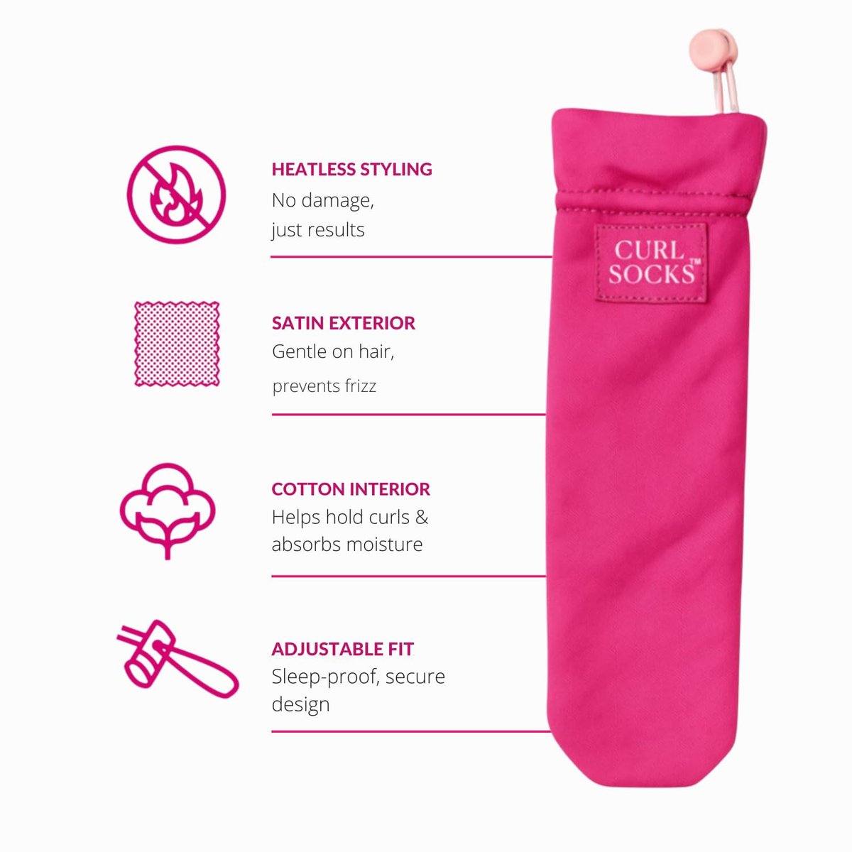 Curl Socks Heatless Hair Curler Set – 4-Piece Satin & Cotton Overnight Curlers for Heatless Curls, Secure Toggle, Reusable Hair Accessories for Women (Fuchsia Pink) Avelisse
