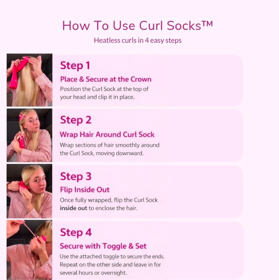 Curl Socks Heatless Hair Curler Set – 4-Piece Satin & Cotton Overnight Curlers for Heatless Curls, Secure Toggle, Reusable Hair Accessories for Women (Fuchsia Pink) Avelisse