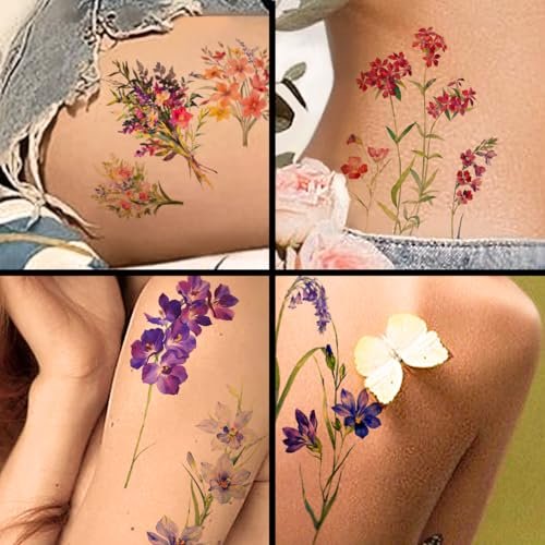 CHARLENT 40 Sheets Watercolor Flower Temporary Tattoos for Women - Tiny Wildflower Fake Tattoo Stickers for Body Neck Hand - görsel 10