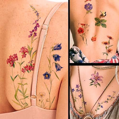 CHARLENT 40 Sheets Watercolor Flower Temporary Tattoos for Women - Tiny Wildflower Fake Tattoo Stickers for Body Neck Hand