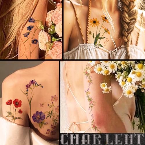 CHARLENT 40 Sheets Watercolor Flower Temporary Tattoos for Women - Tiny Wildflower Fake Tattoo Stickers for Body Neck Hand - görsel 12