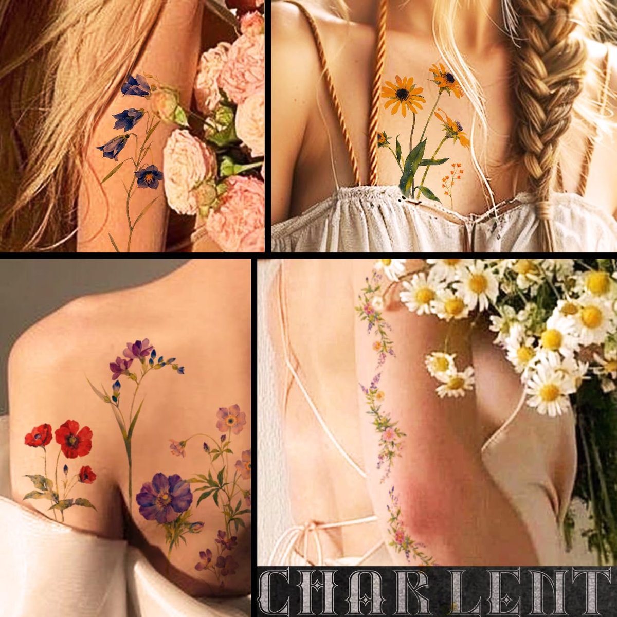 CHARLENT 40 Sheets Watercolor Flower Temporary Tattoos for Women - Tiny Wildflower Fake Tattoo Stickers for Body Neck Hand - görsel 11
