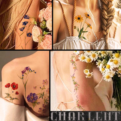 CHARLENT 40 Sheets Watercolor Flower Temporary Tattoos for Women - Tiny Wildflower Fake Tattoo Stickers for Body Neck Hand