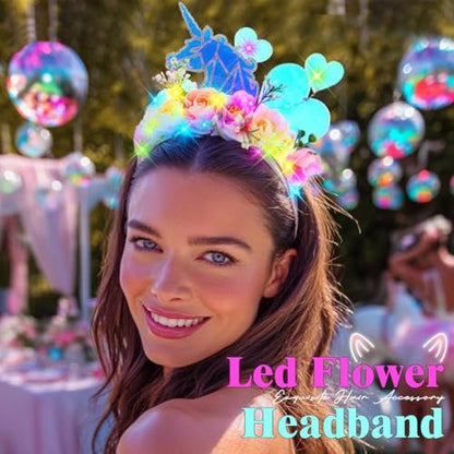 EARENT Light Up Unicorn Headband – Glowing Flower Headpiece for Women