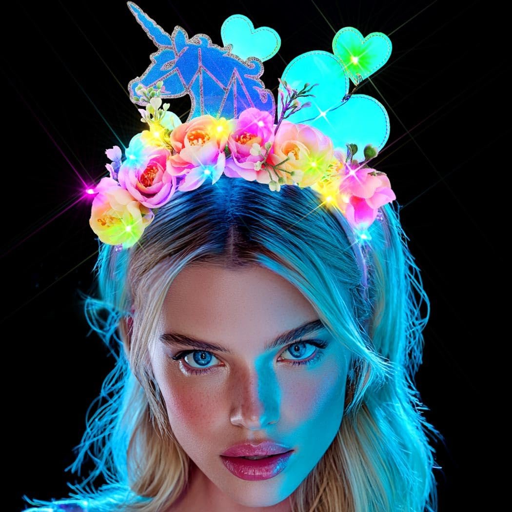 EARENT Light Up Unicorn Headband – Glowing Flower Headpiece for Women - görsel 1