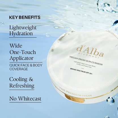 d'alba Piedmont Vegan Fresh Sun Cushion SPF 50+ - Hydrating Korean Sunscreen for Face, Broad Spectrum, All Skin Types (0.88 oz)