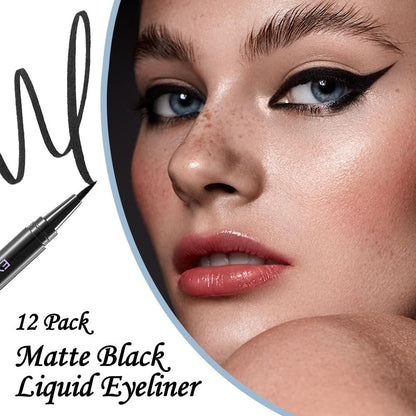 Anwuozu 12-Pack Matte Black Liquid Eyeliner Set – Ultra-Fine Tip, Quick-Dry, Smudge-Proof Vegan Eye Liner Pens