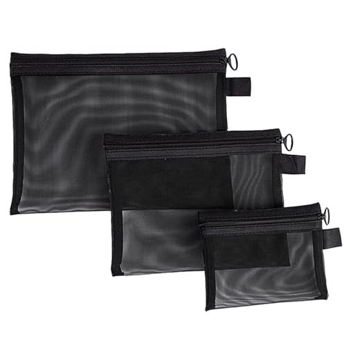 3-Piece Mesh Zipper Pouch Makeup Bags Set - Black, Portable Travel Toiletry Organizer Pouches for Home, Office, and Daily Use - görsel 2